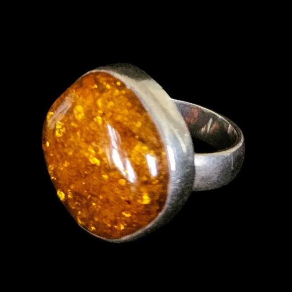 Vintage Sterling Silver 90s Large Round Baltic Amber Statement Ring Size 7.5